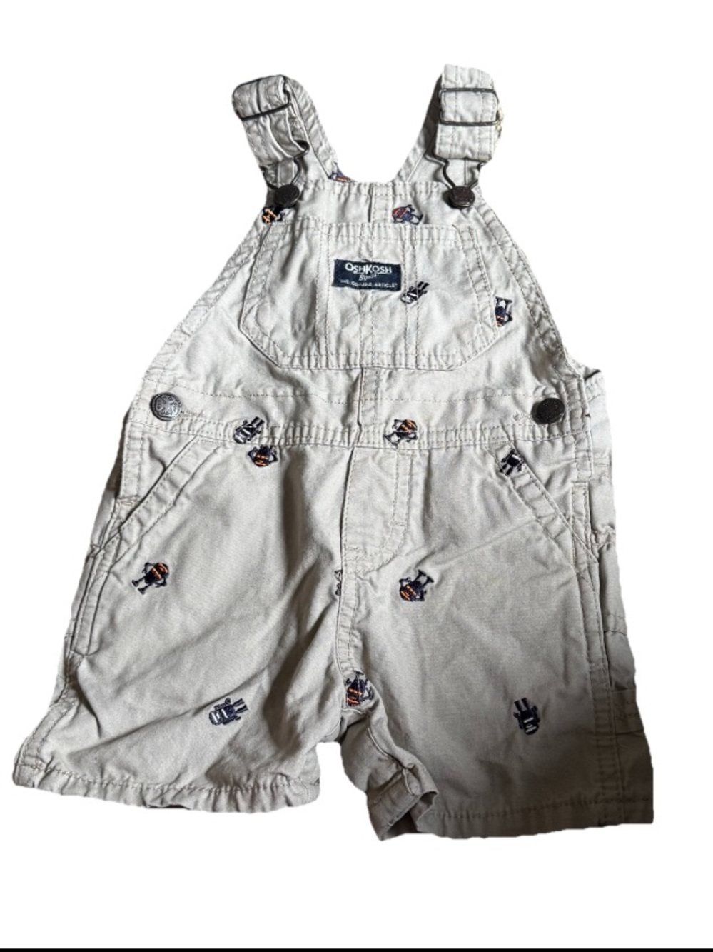 OshKosh B'gosh Tan Embroidered Shortalls with Playful Motifs Boy 12 months